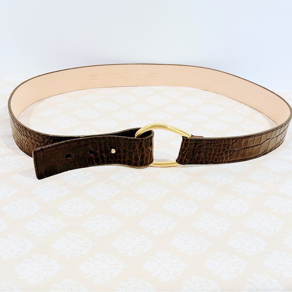 Talbots Dark Brown Croc-Embossed Belt with Gold Accent